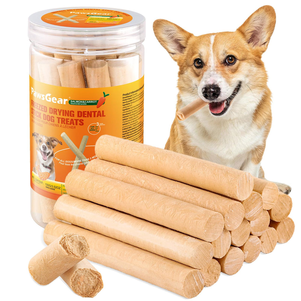 PawsGear Salmon Sticks ingredients showcase real salmon and carrots for a protein-rich treat.