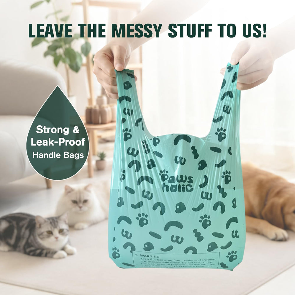 PAWSHOLIC grab-n-go packaging for one-at-a-time bag access.