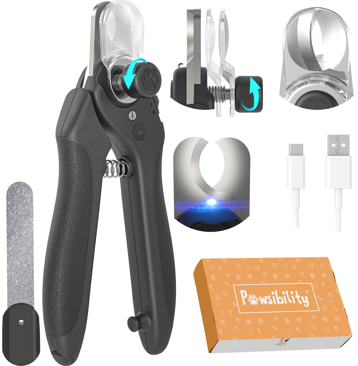 Pawsibility Pet Nail Clipper PRO front view with ergonomic grip for easy handling