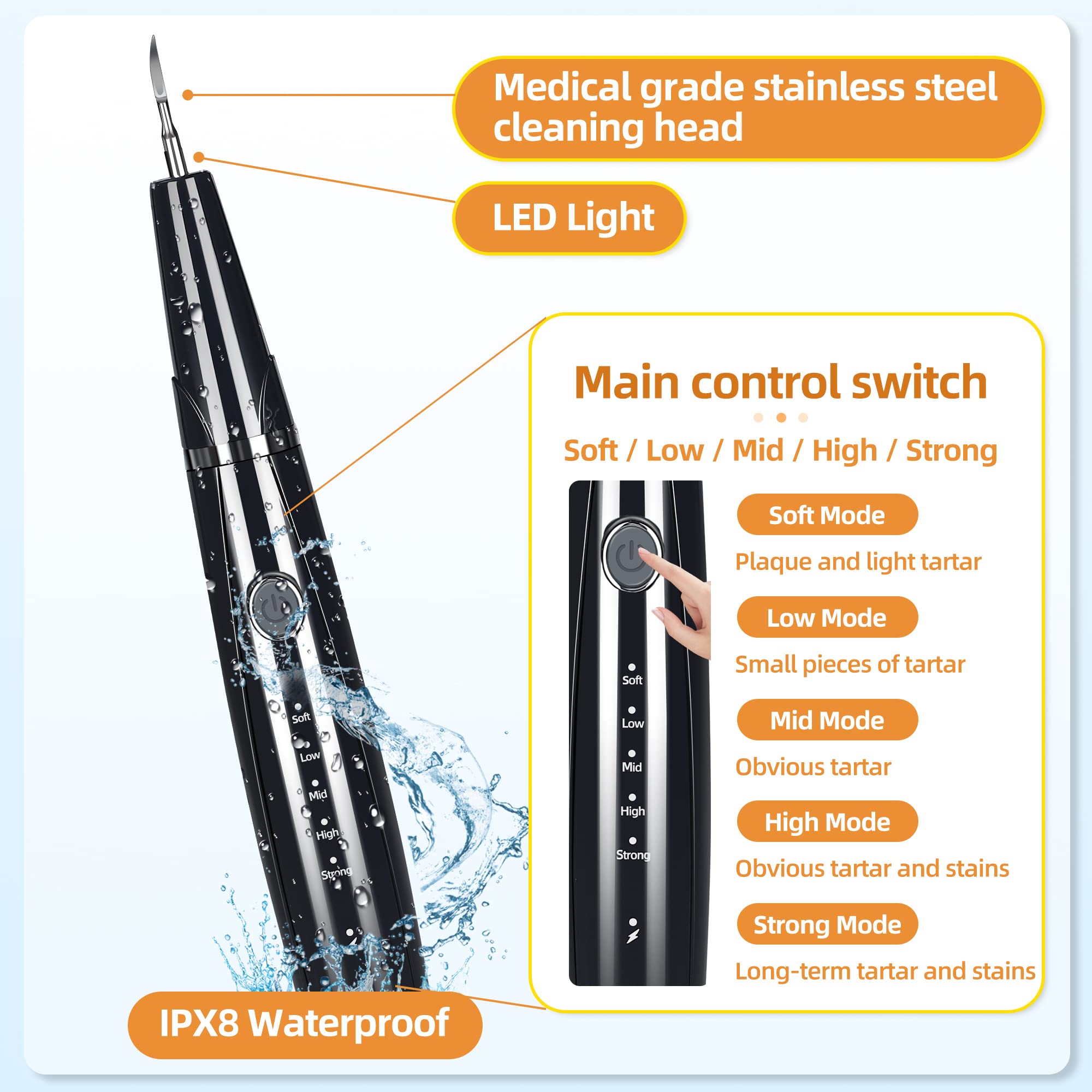 PAWSION LED light illuminates teeth for precise cleaning.