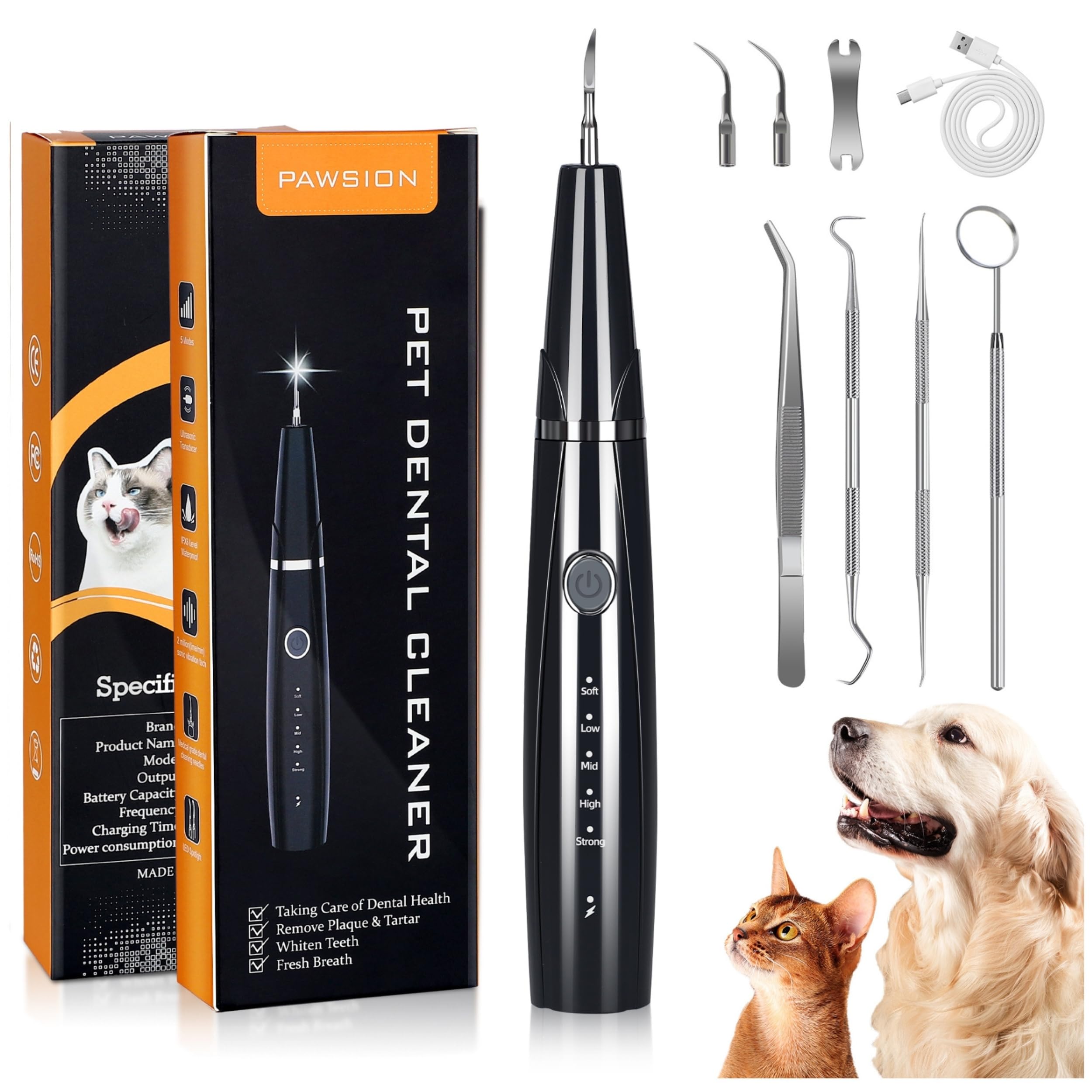 PAWSION ultrasonic pet tooth cleaner in use for gentle plaque removal.