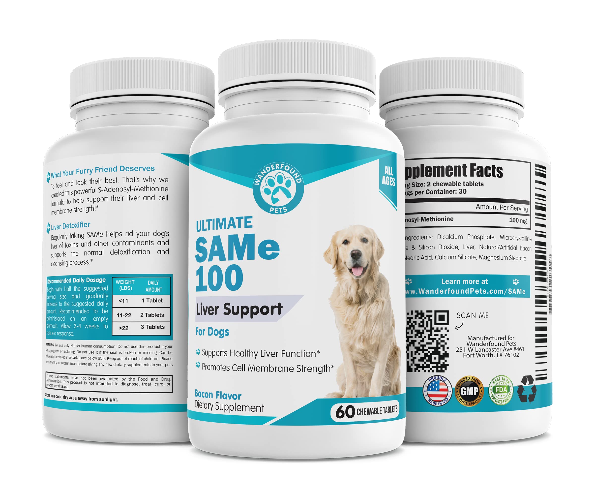 Pawsitive SAM-e bacon chew tablets shown as tasty daily wellness treats