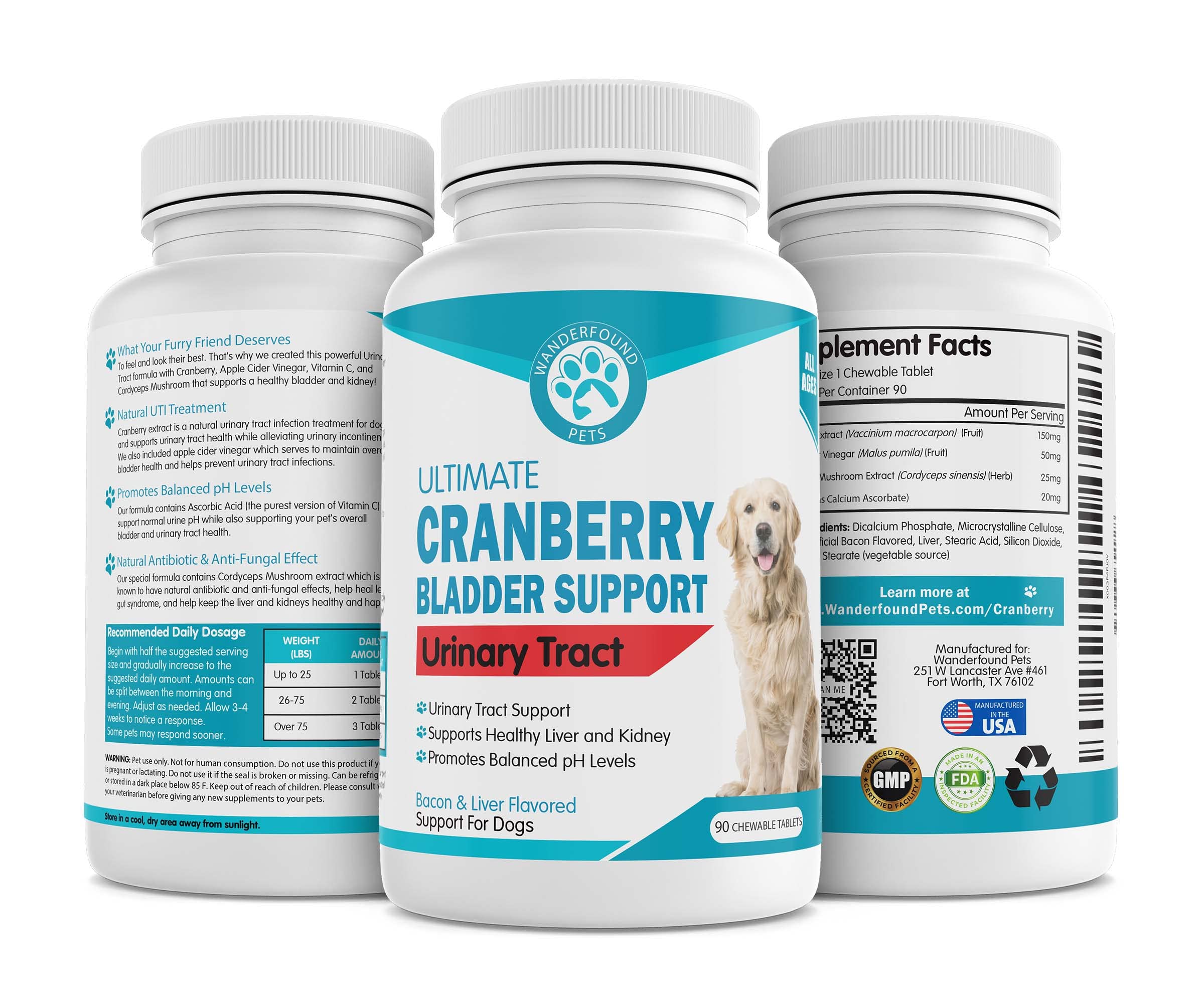 Pawsitive Wanderfound bottle back lists cranberry extract, cordyceps, and vitamin C.