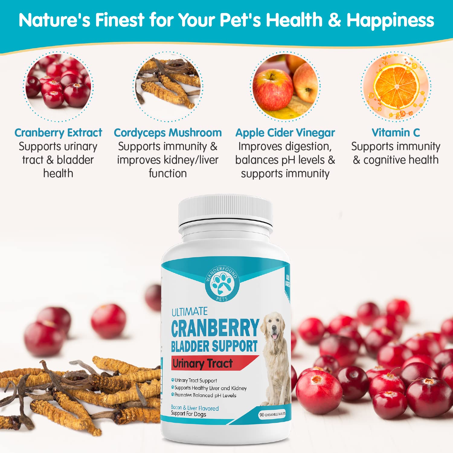 Pawsitive Wanderfound ingredients list highlights cranberry, cordyceps, and vitamin C.