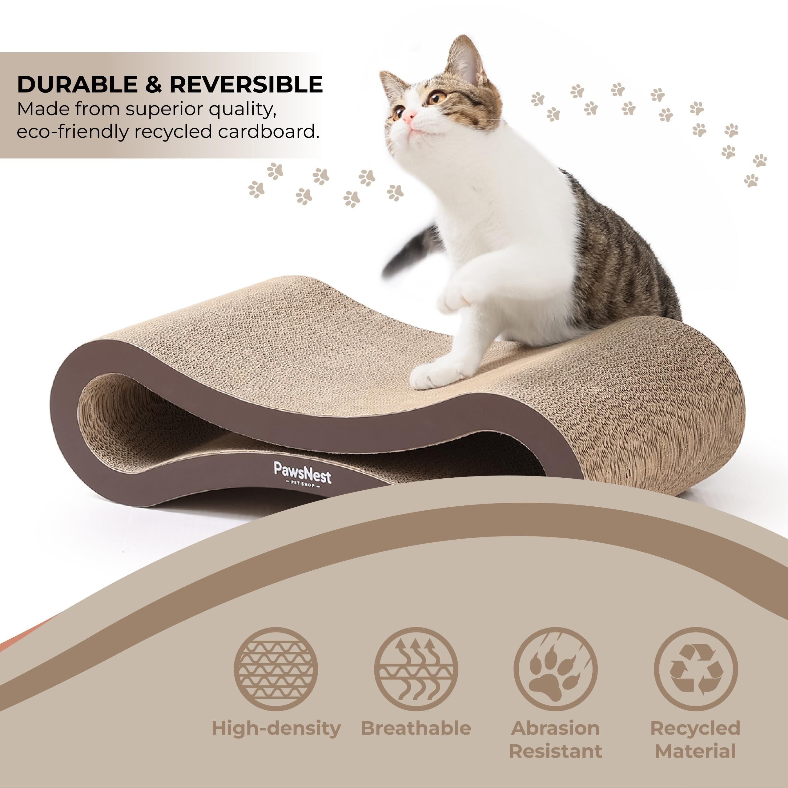 PawsNest Infinity Scratcher shows reversible design for longer play sessions.