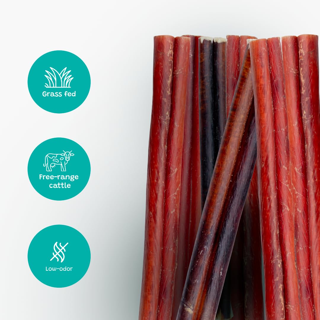 Pawsome Ranch bully sticks close-up texture highlights natural beef chew loved by dogs.