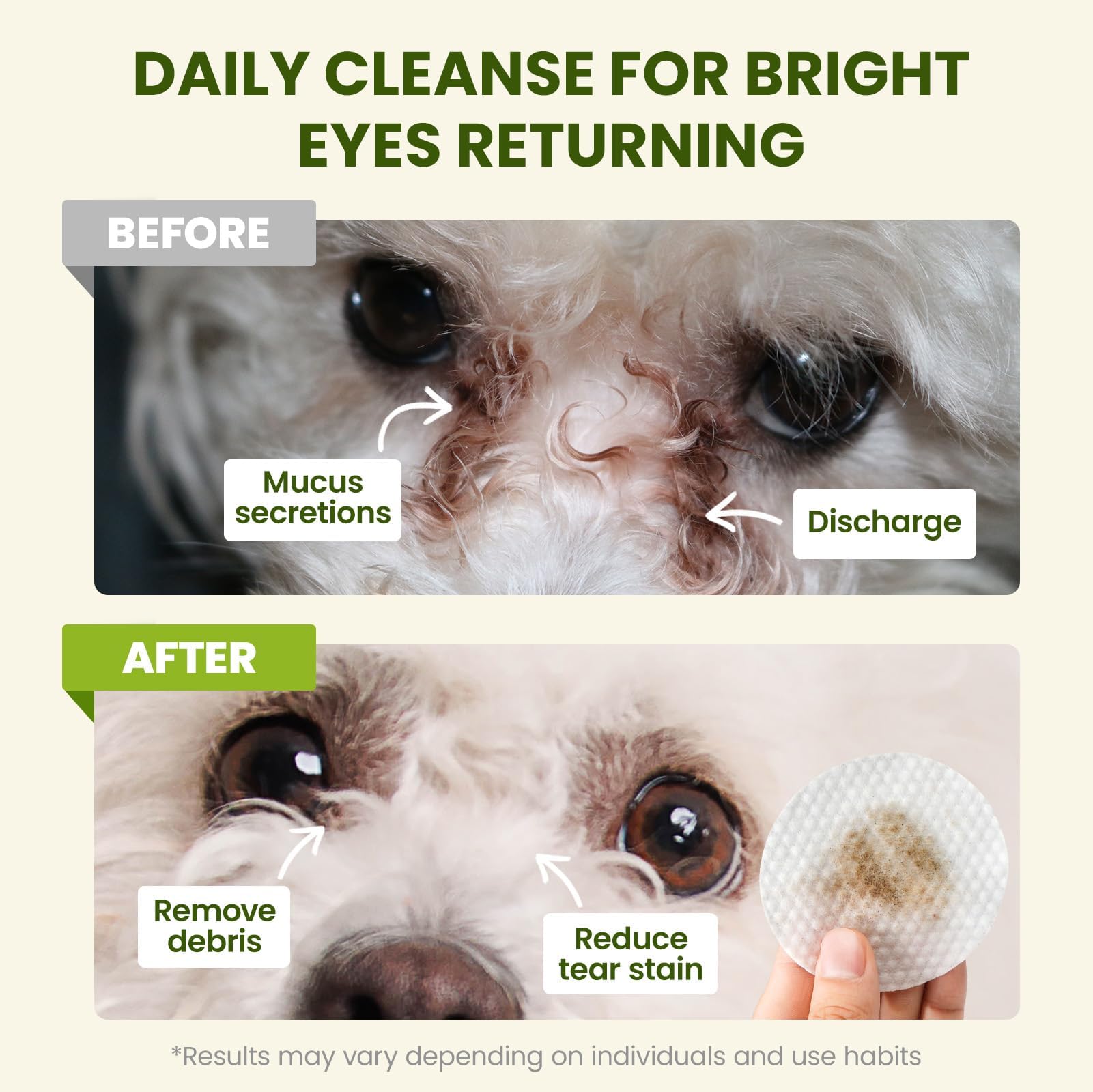 PawSono Eye Wipes dual-soft cotton wipes provide gentle cleaning around the eye area.