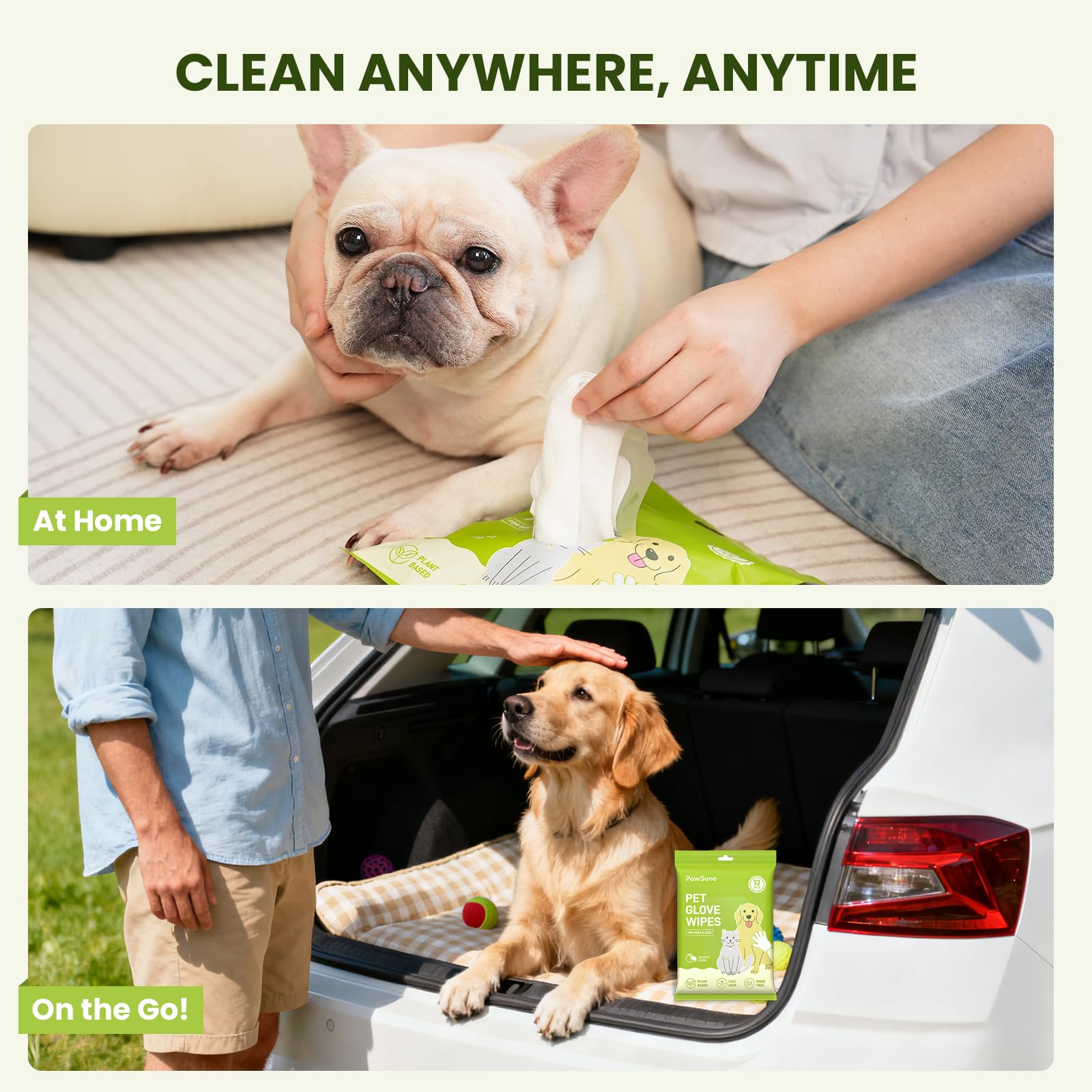 PawSono glove wipe is plant-based and lick-safe for peace of mind.