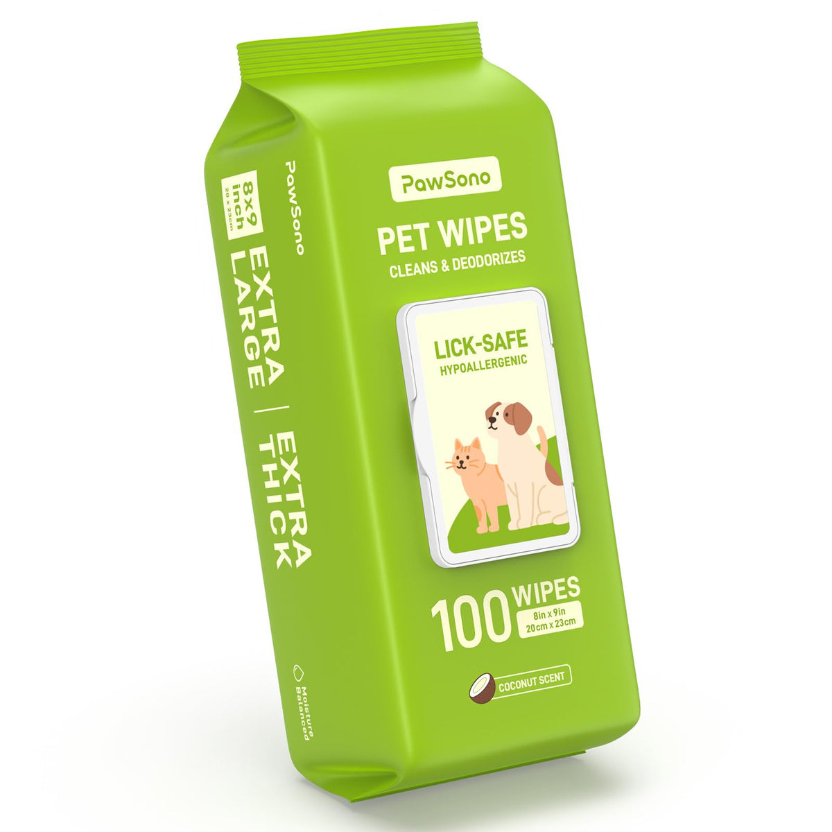 PawSono hypoallergenic wipes with extra-large coverage for paws and fur.