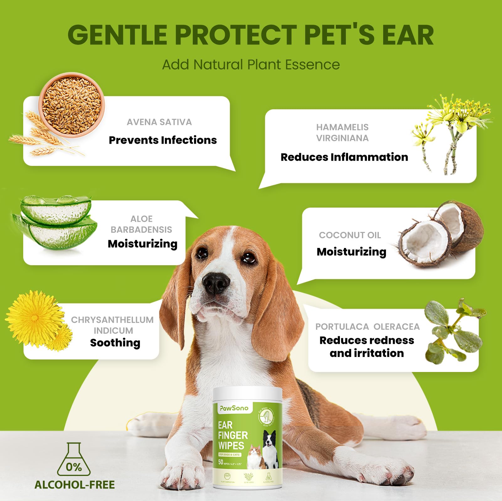 PawSono natural ingredients highlight witch hazel and aloe for gentle care.