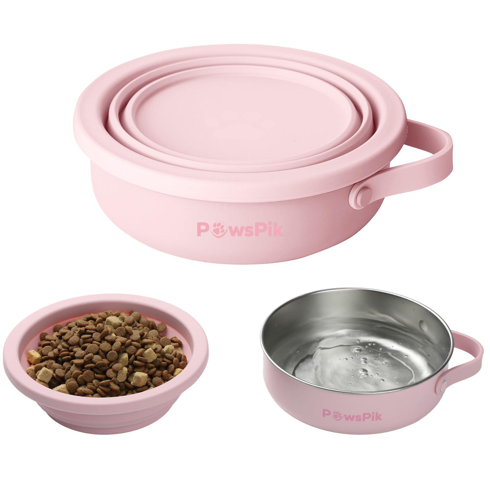 PAWSPIK 2-in-1 travel bowl with collapsible silicone base for compact storage.