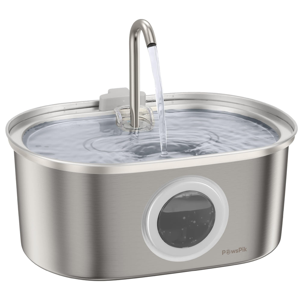 PAWSPIK SS-01 front view shows a sleek stainless steel cat fountain for hygienic hydration.