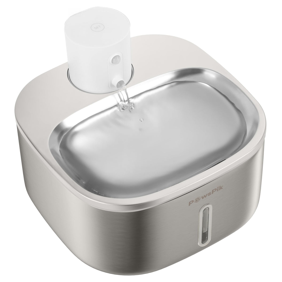 PAWSPIK stainless steel cat water fountain, front view, promotes clean, accessible hydration.
