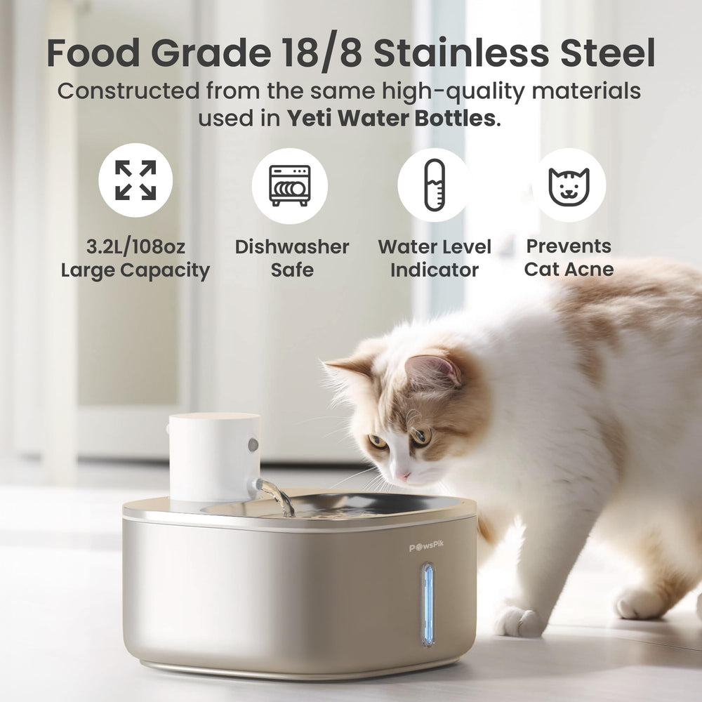 PAWSPIK 108oz capacity water tank, reduces refills for busy households.