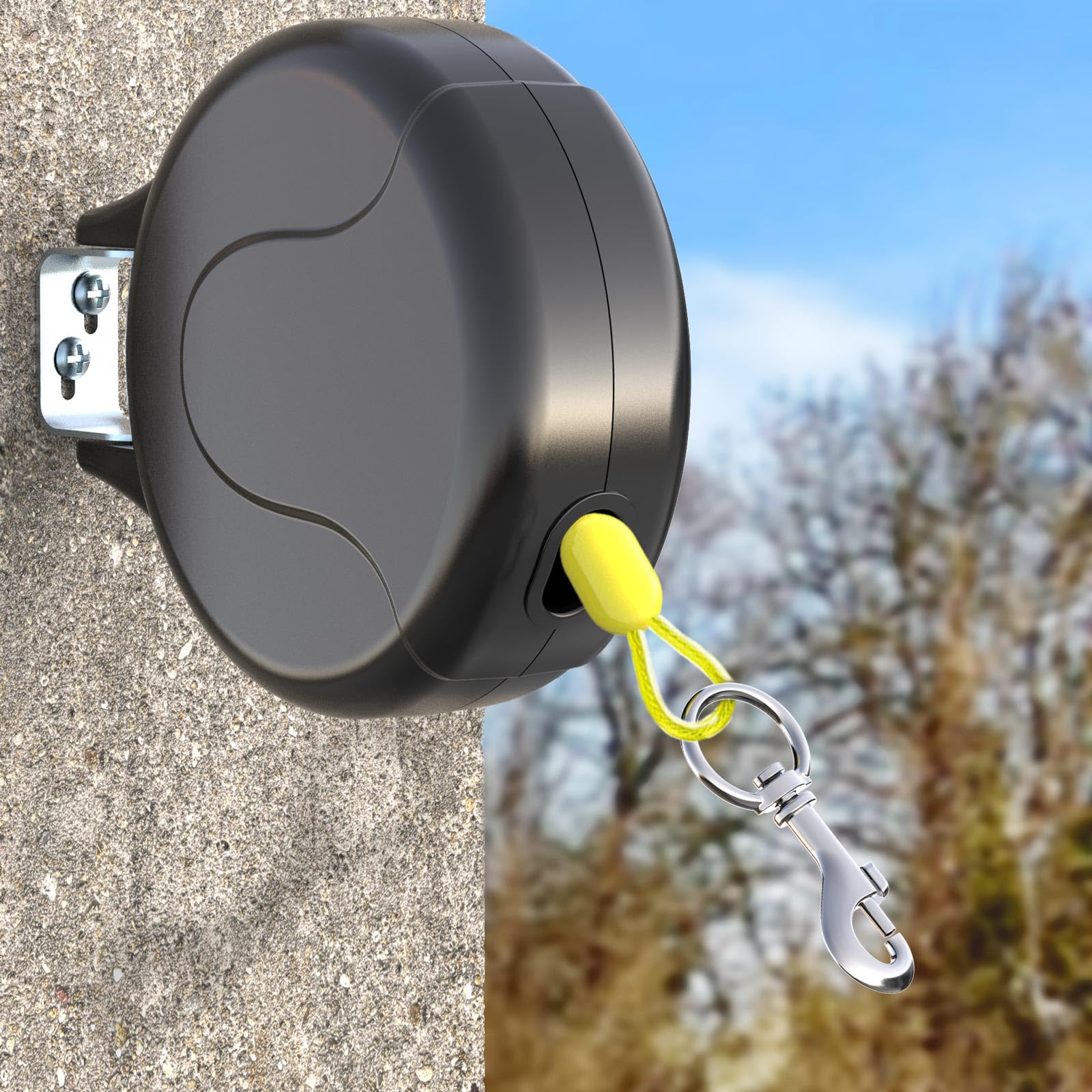 PAWSTATION 30ft wall-mount retractable dog tie-out cable enables spacious yard play.