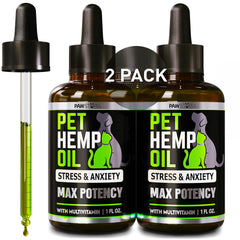 Pawstopia hemp oil bottle for dogs and cats supports calm mood naturally.