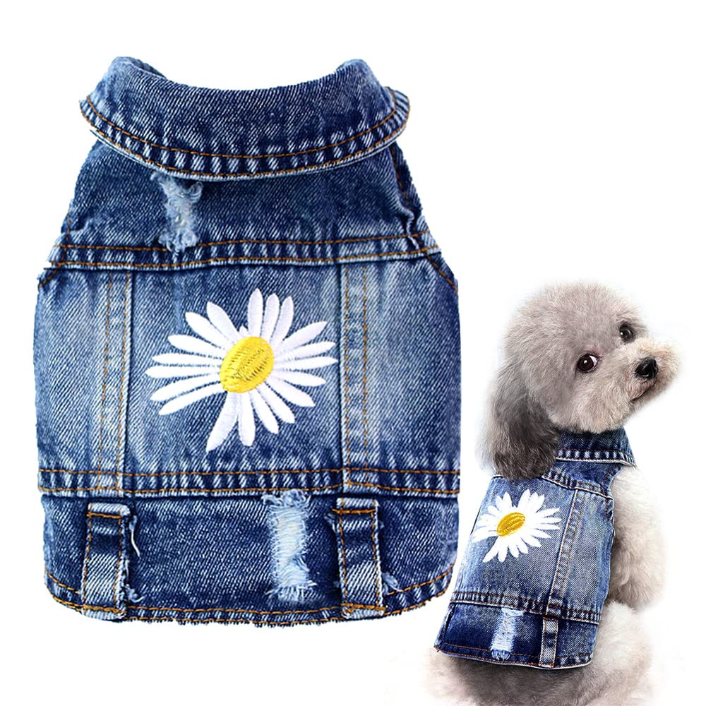 Pawstrip dog denim jacket with daisy embroidery on the front for stylish small dogs