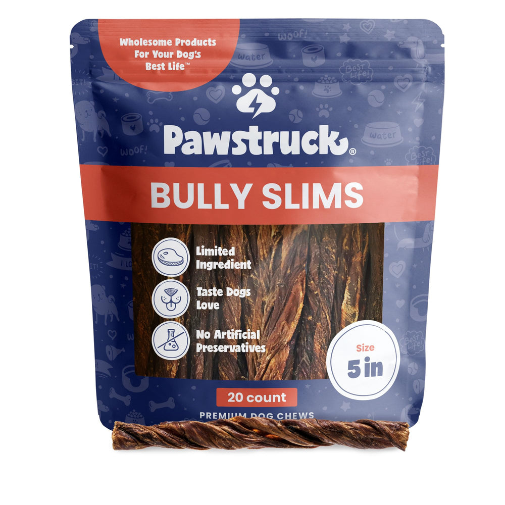Pawstruck 5-inch beef bully sticks for small dogs provide a tasty chew while supporting dental health.