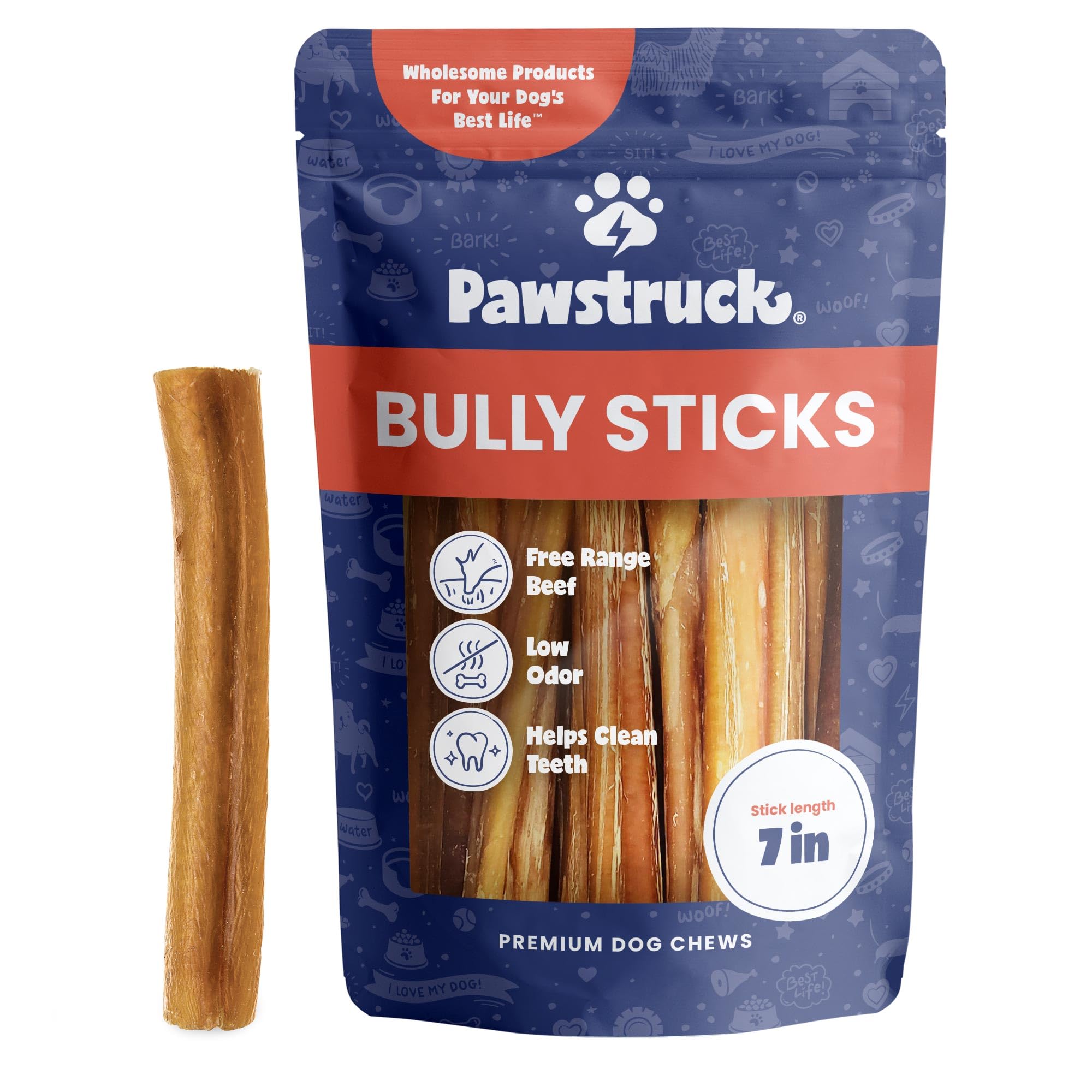 Pawstruck 7-inch bully stick beef pizzle—long-lasting chew to entertain dogs.