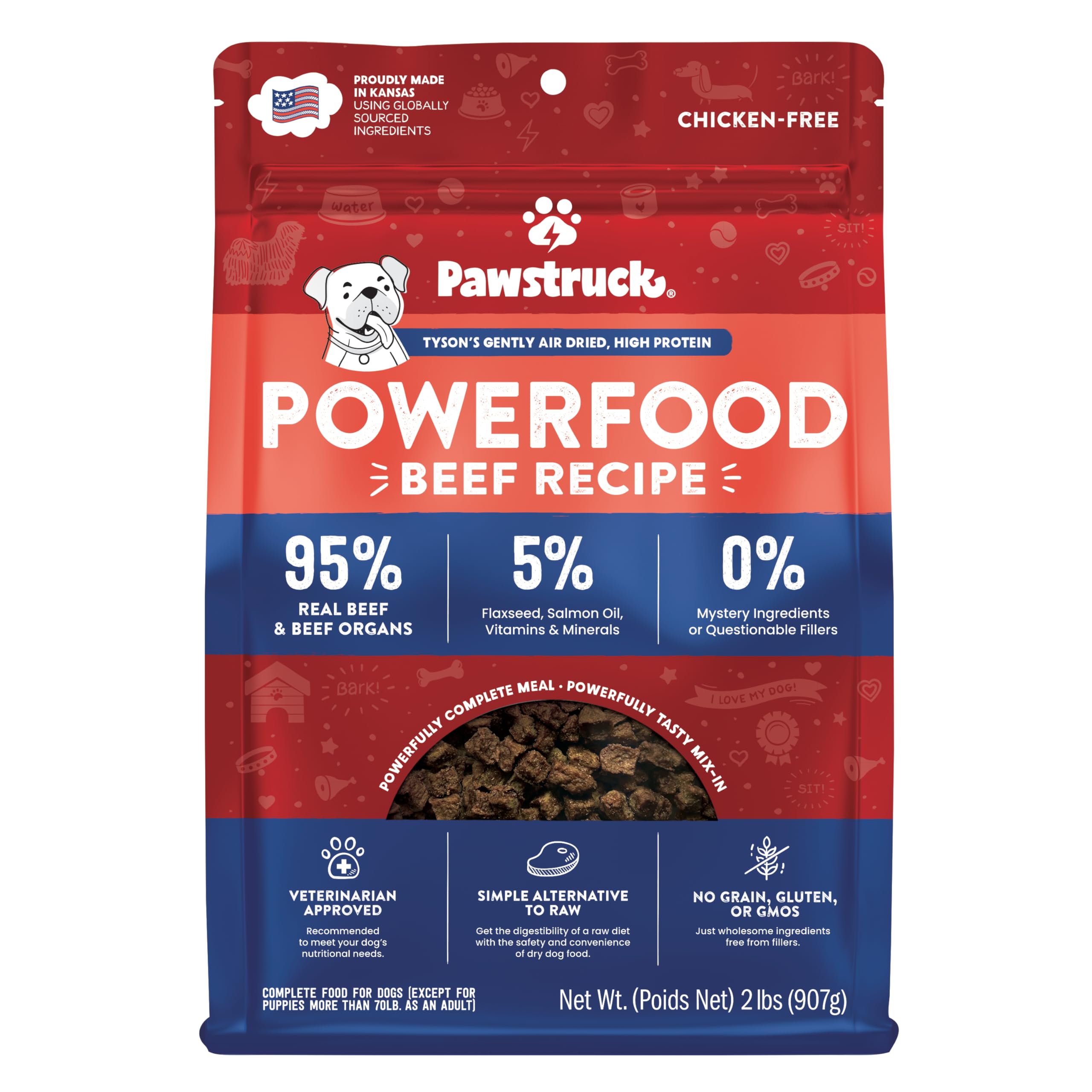 Pawstruck air dried beef bites in a resealable bag showing crunchy texture for protein-rich meals.