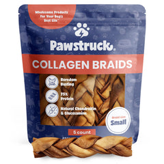 Pawstruck beef collagen braids 5-7 inch dog chews for long-lasting chewing.
