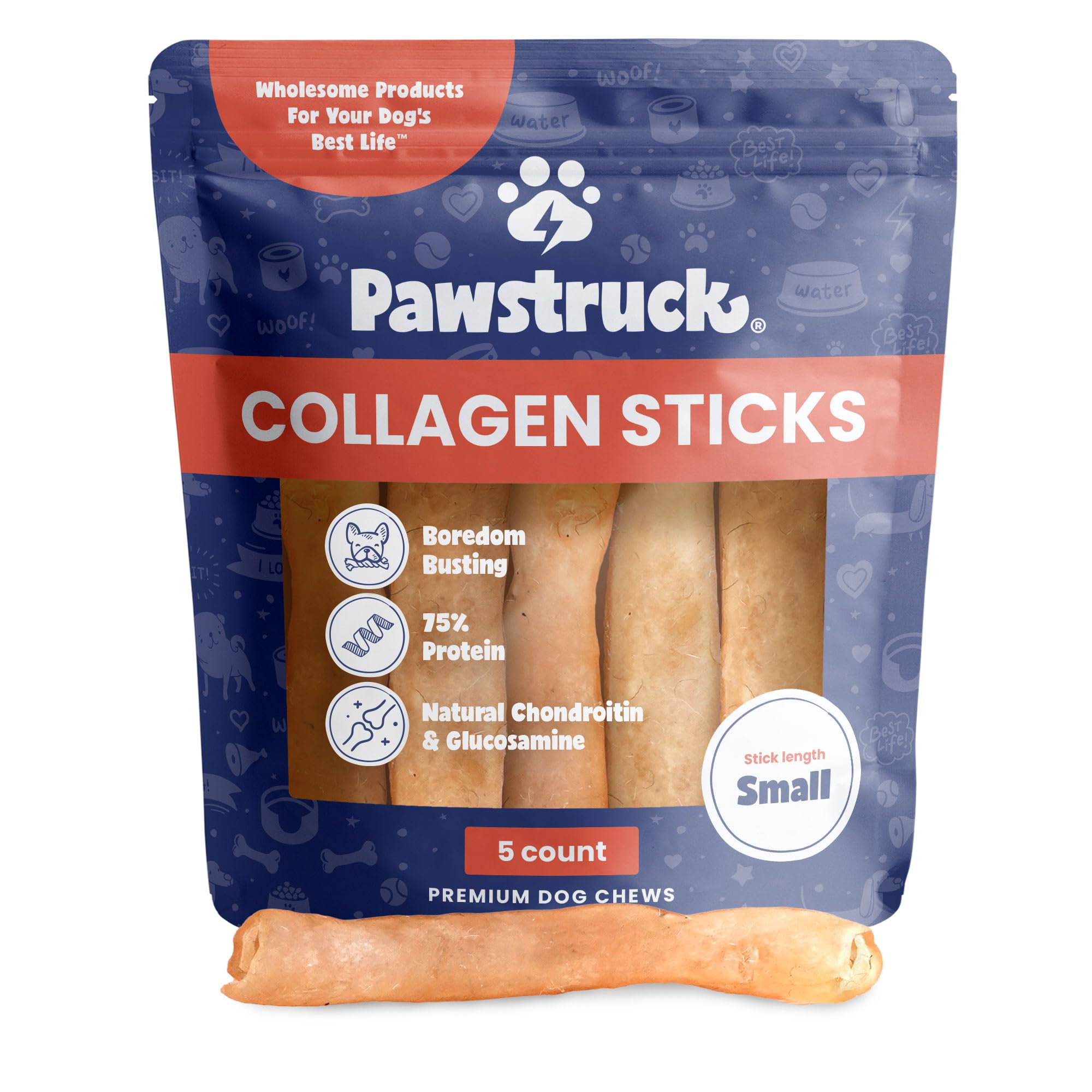 Pawstruck beef collagen sticks, 5-7 inch pack, durable chew for long-lasting engagement.
