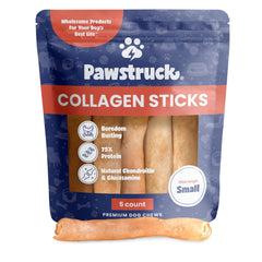 Pawstruck beef collagen sticks, 5-7 inch pack, durable chew for long-lasting engagement.