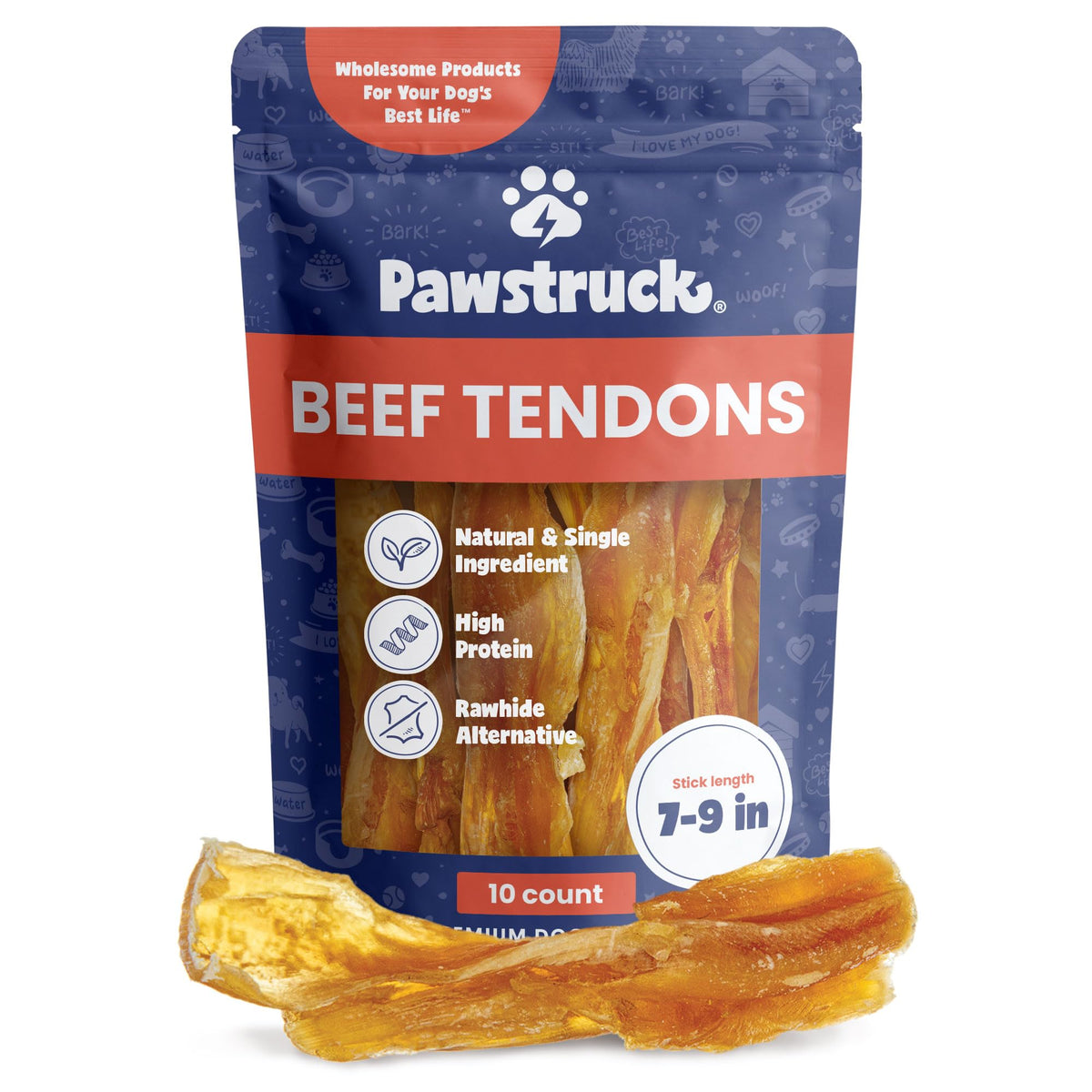 Pawstruck Beef Tendon Chew Stick packaging highlights rawhide-free single ingredient flavor.