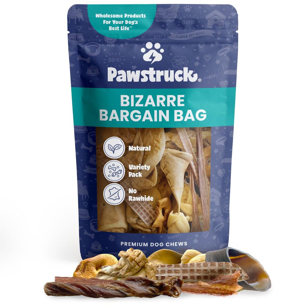 Pawstruck Bizarre Bargain Bag ears in action, satisfying chews for curious pups