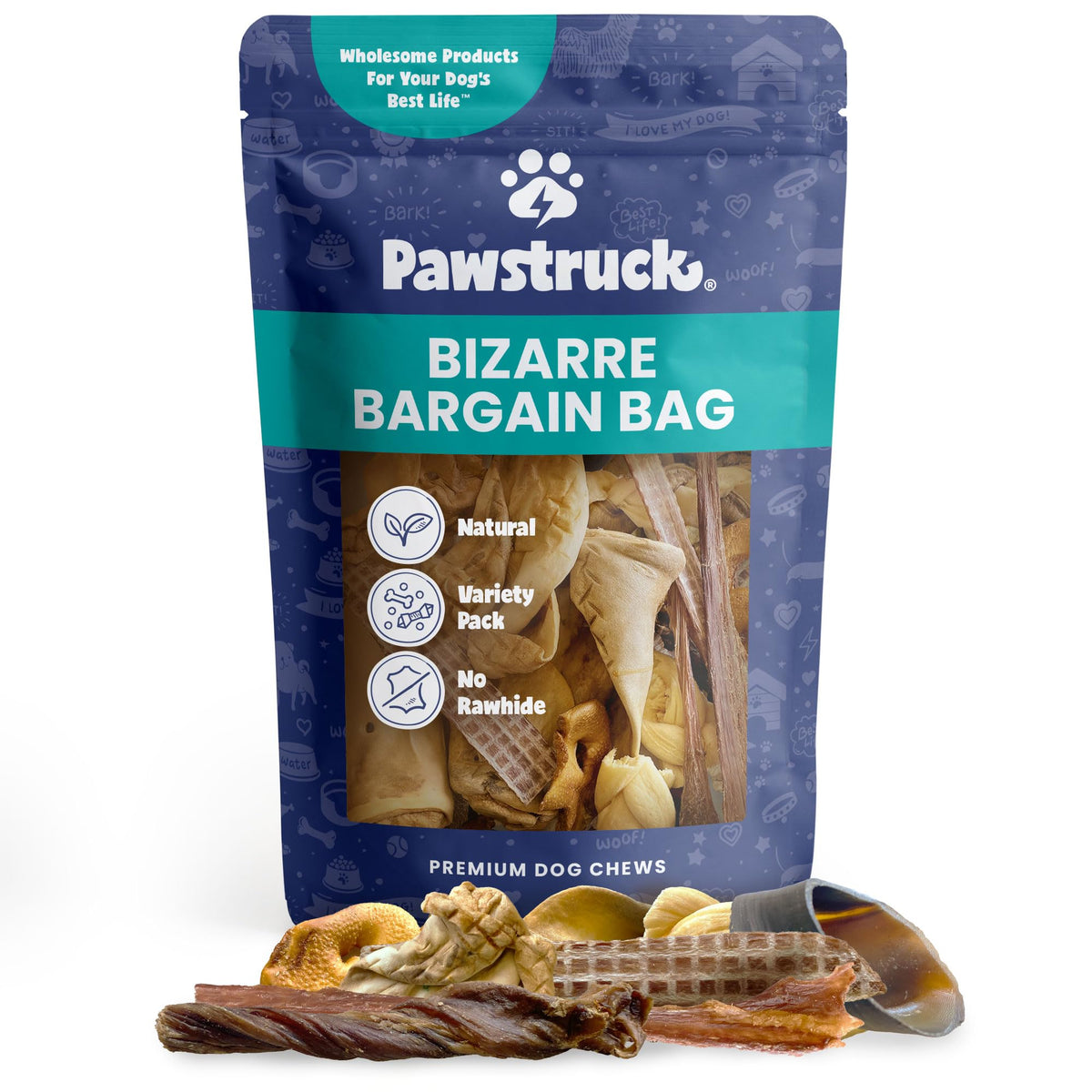 Pawstruck Bizarre Bargain Bag ears in action, satisfying chews for curious pups