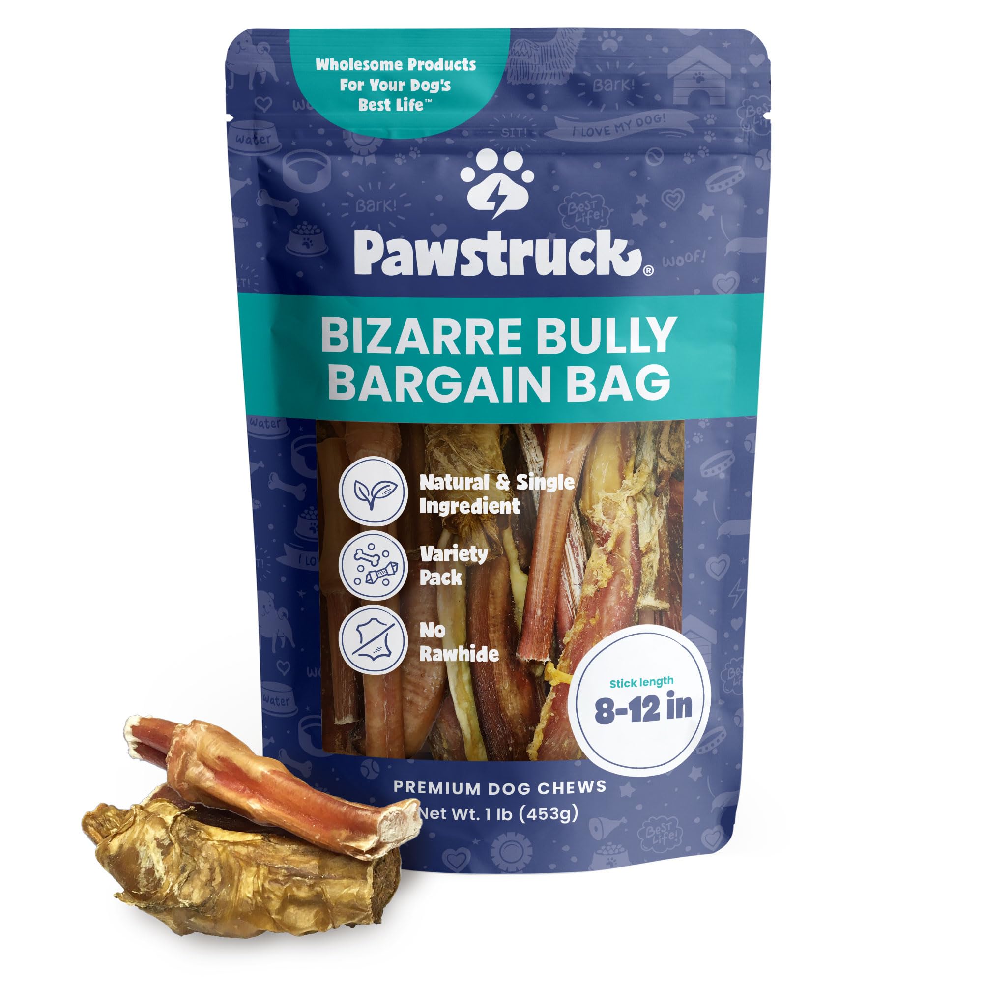 Pawstruck Bizarre Bully Sticks Variety Pack—long-lasting chews for dogs.