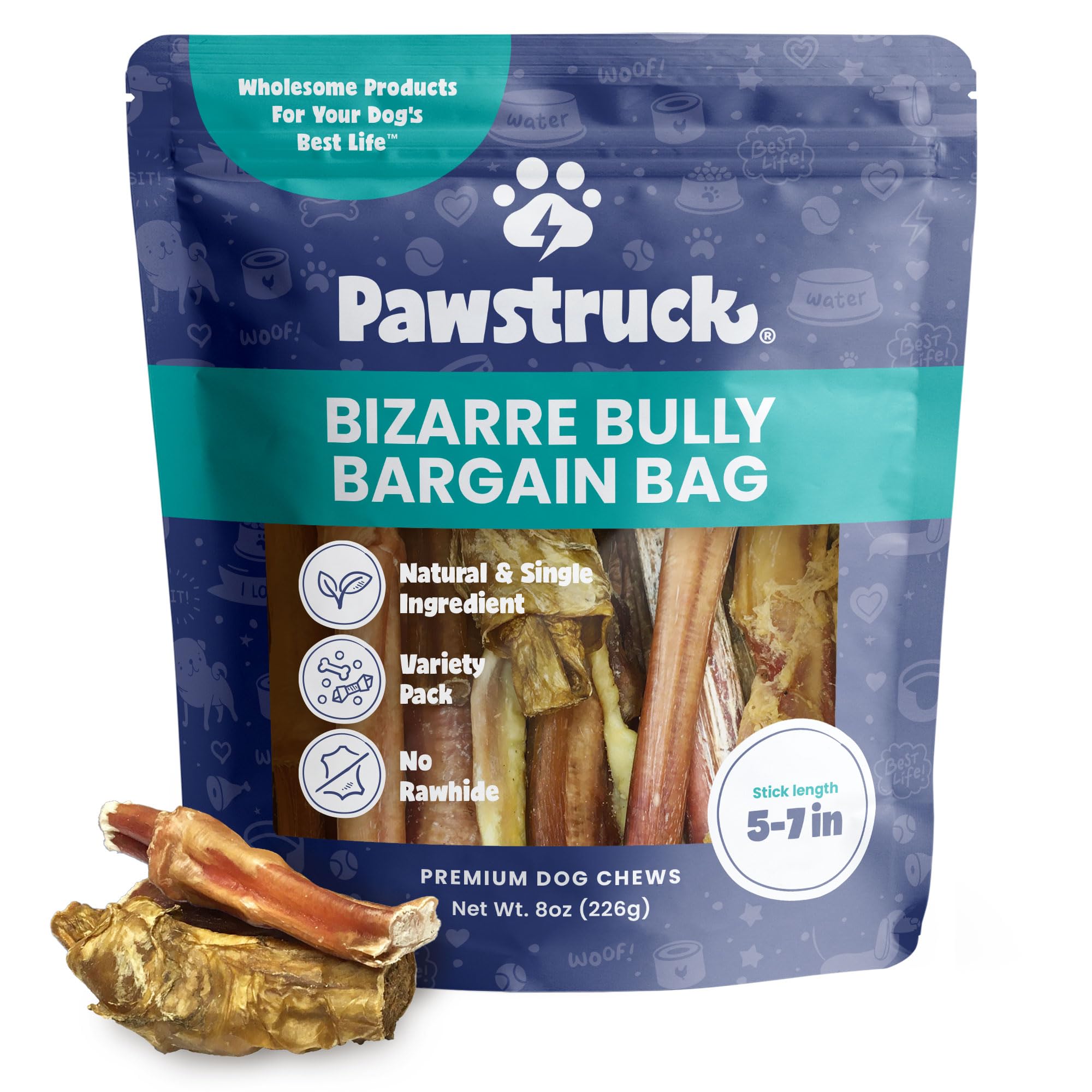 Pawstruck Bizarre Bully Sticks variety pack 5-7 inch chews for dogs, long-lasting.