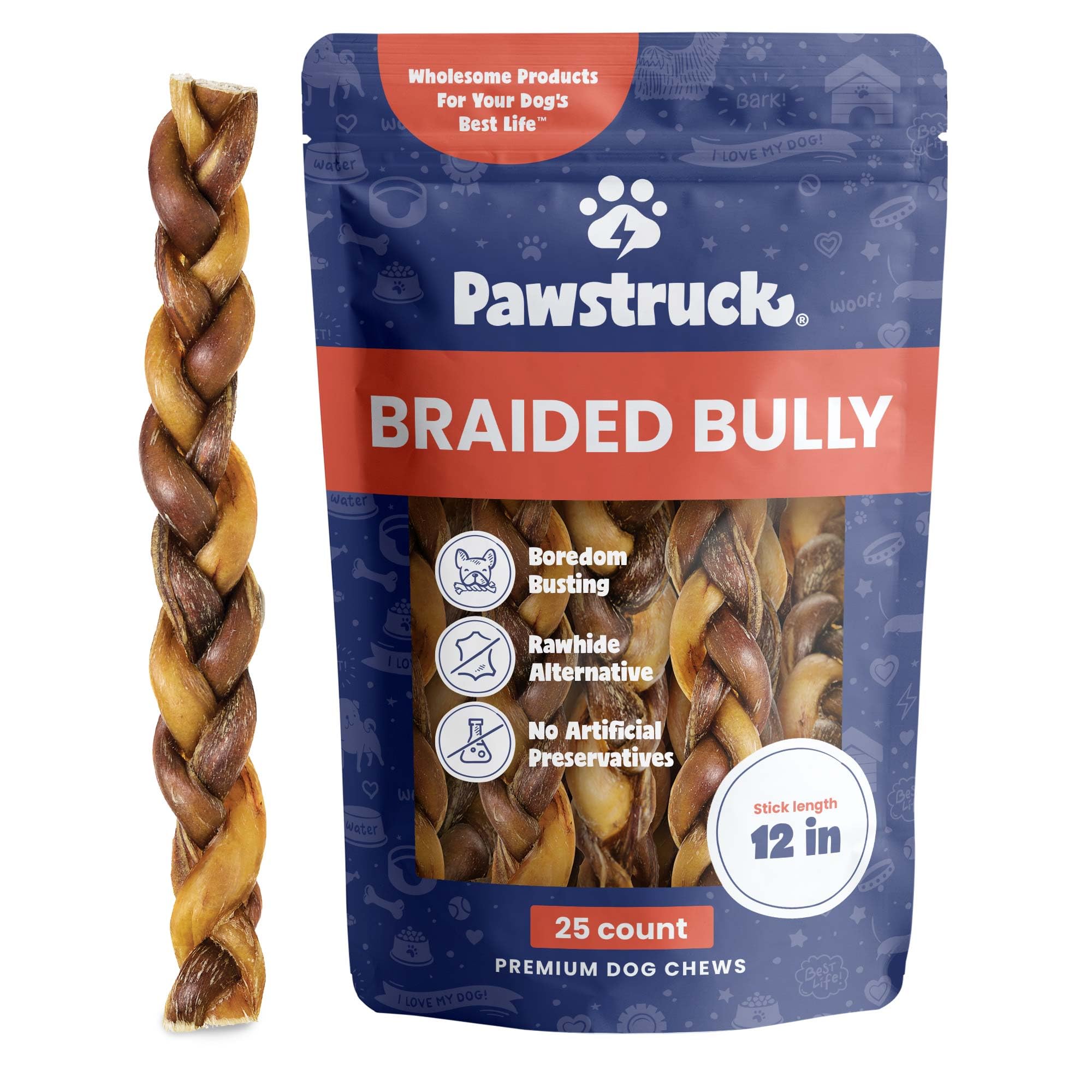 Pawstruck braided bully stick 12-inch packaging promotes long-lasting chewing.
