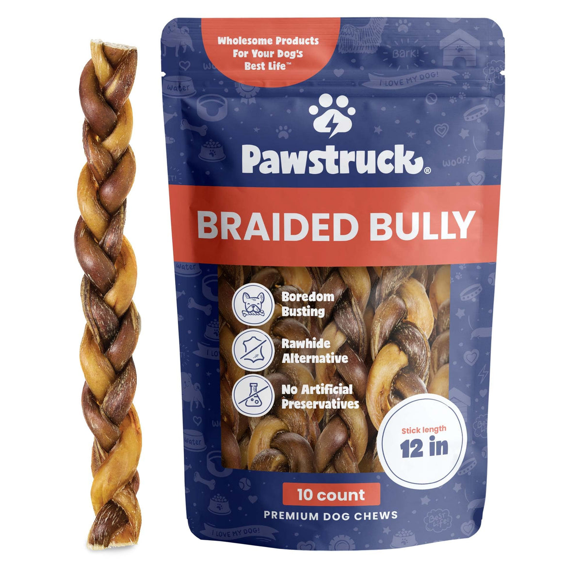 Pawstruck braided bully stick 12in shows three strands for durability and long chew sessions
