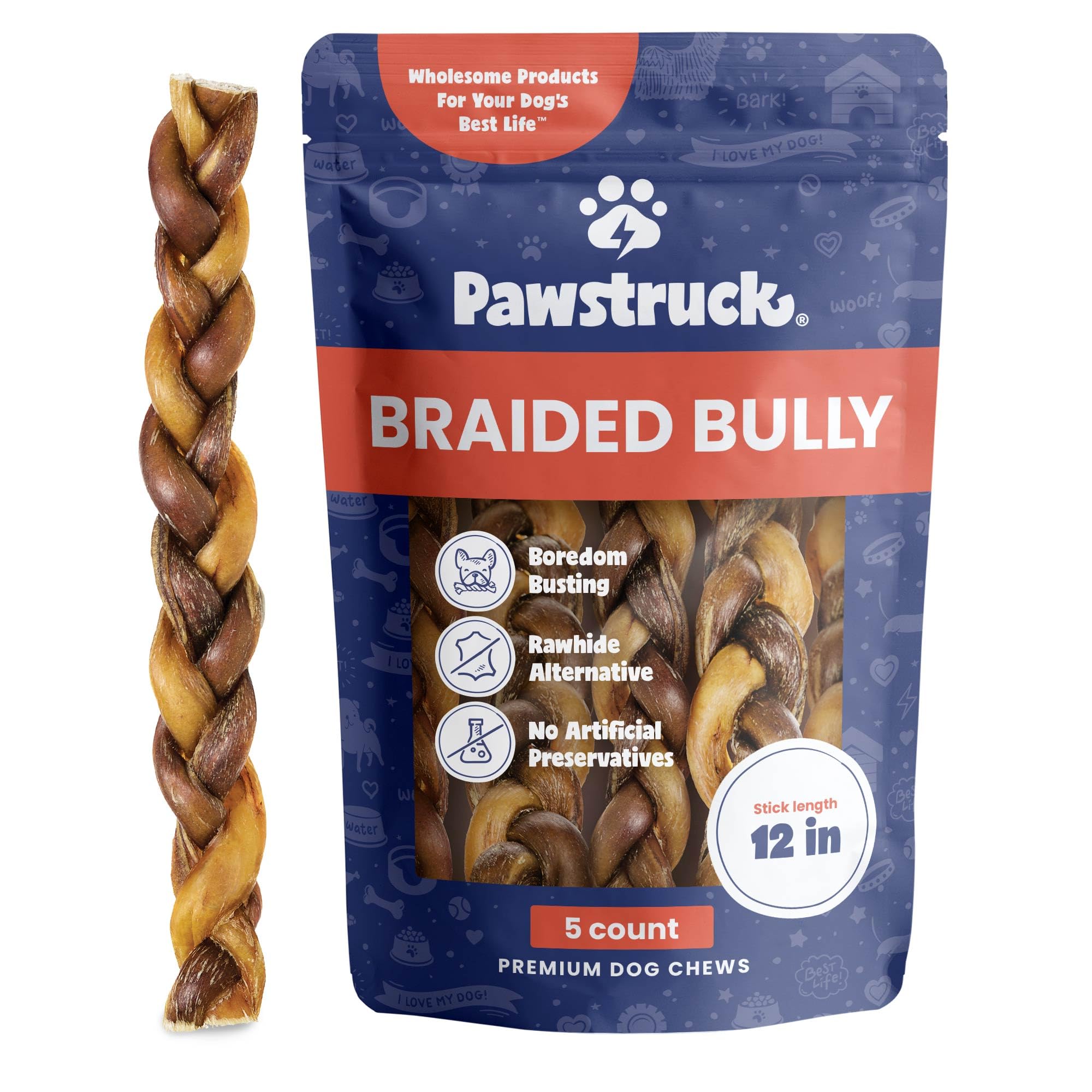 Pawstruck braided bully sticks pack-assembly: durable chew that deters boredom.