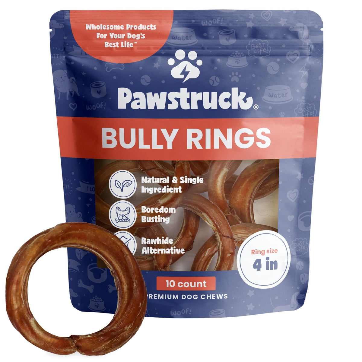 Pawstruck bully ring 4-inch diameter packaging shows a rawhide-free beef chew for dogs