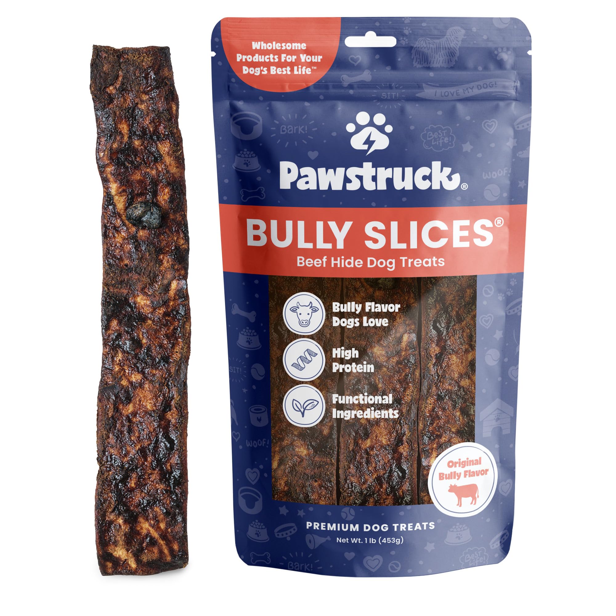 Pawstruck Bully Slices packaging shows US-made 1 lb bag for easy storage.