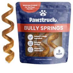 Pawstruck Bully Stick Springs 6in pack foreground shows a tasty, long-lasting chew
