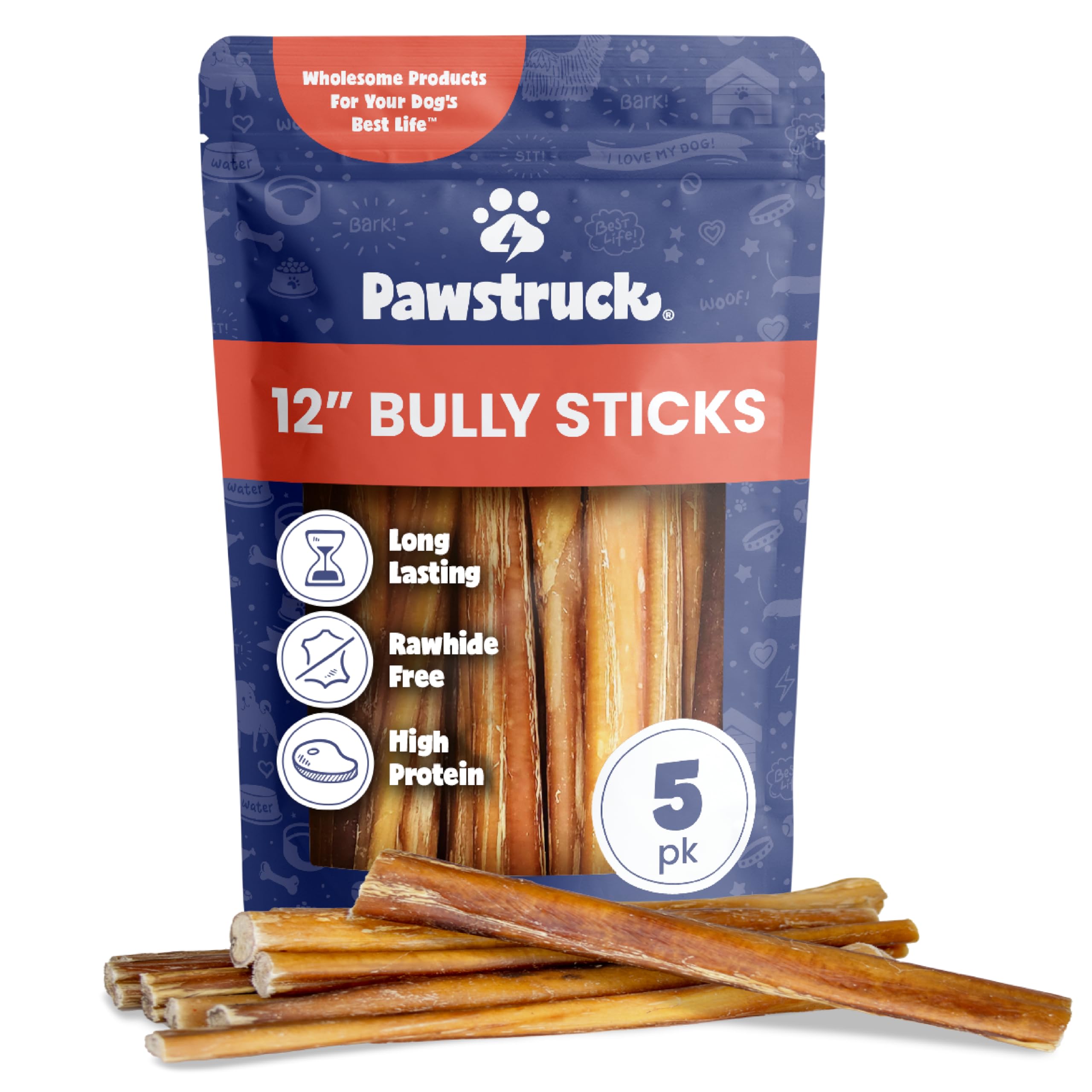 Pawstruck bully sticks 12-inch pack — long-lasting chew for medium and large dogs.