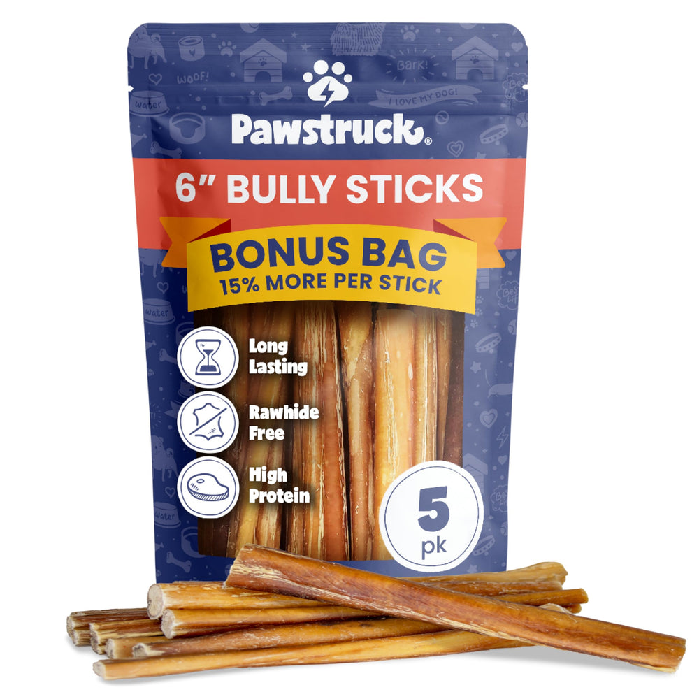 Pawstruck bully sticks 5-pack front view, long-lasting chews for dogs.