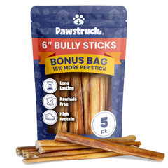Pawstruck bully sticks 5-pack front view, long-lasting chews for dogs.