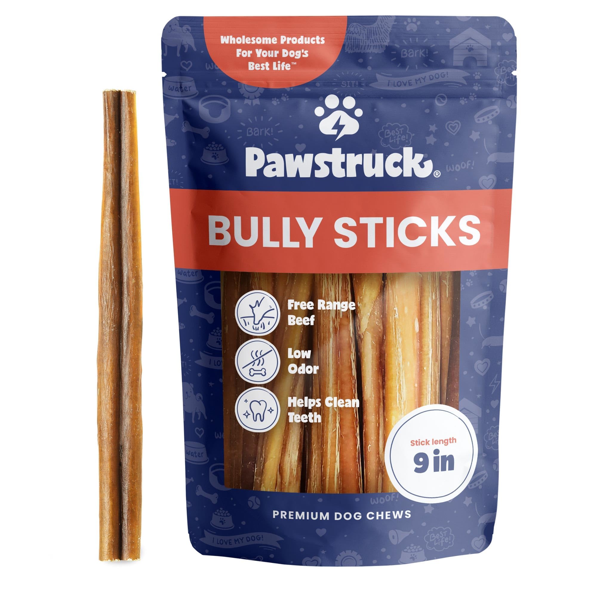 Pawstruck 9-inch bully sticks for dogs offer long lasting chewing and natural beef aroma.