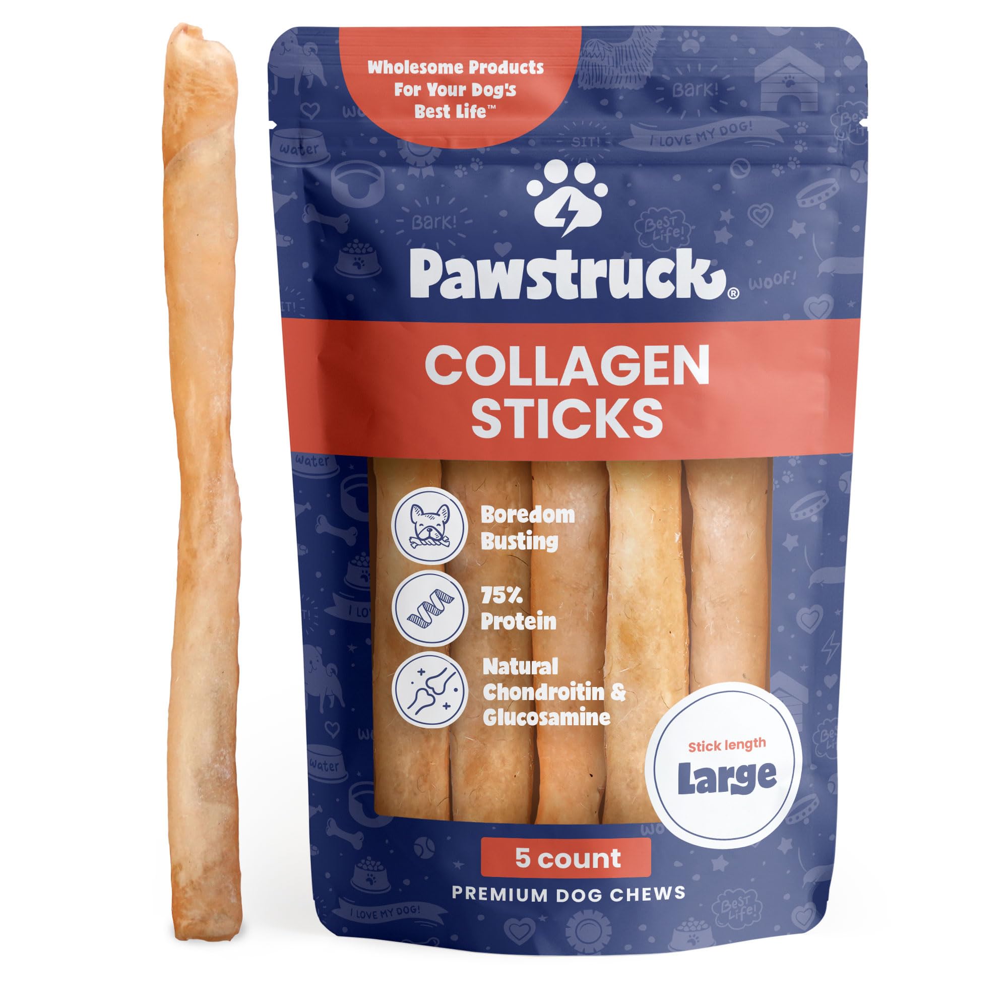 Pawstruck collagen sticks 12-inch pack for large dogs, long-lasting chewing.
