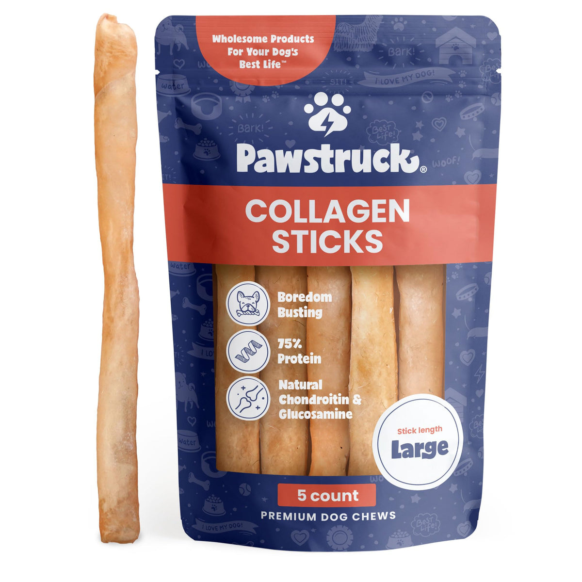 Pawstruck collagen sticks 12-inch pack for large dogs, long-lasting chewing.
