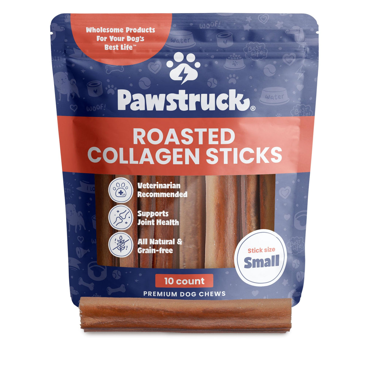 Pawstruck collagen sticks pack on display, a natural long-lasting dog chew.