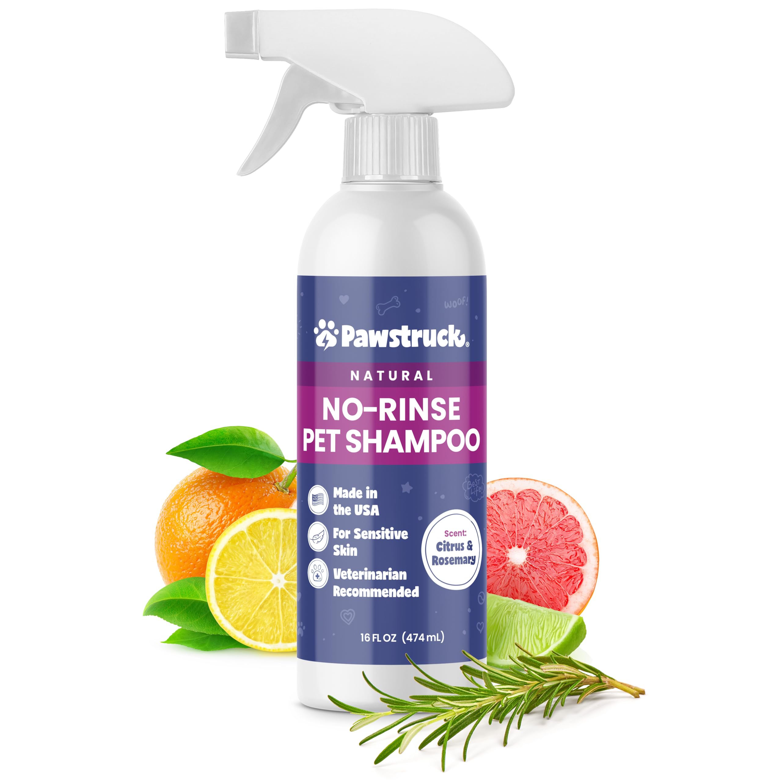 Pawstruck dry shampoo bottle with citrus scent for dogs