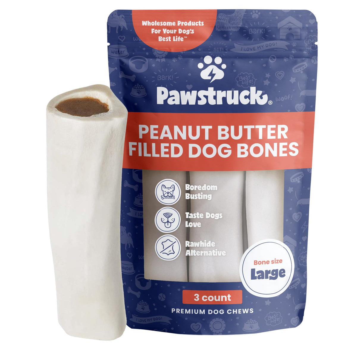 Pawstruck large filled bone with peanut butter center for long-lasting chews.