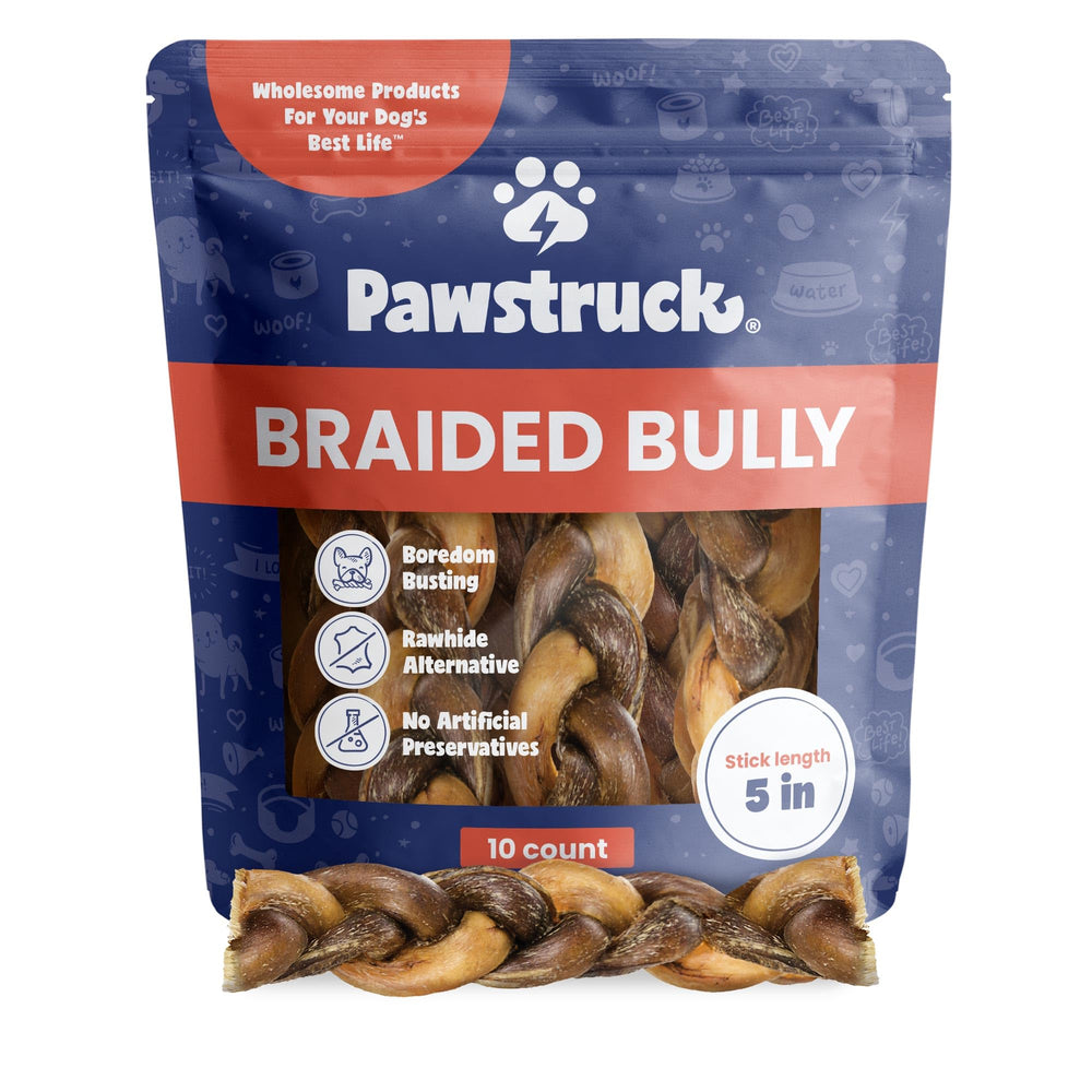 Pawstruck natural 5-inch braided bully sticks in packaging offer a long-lasting chew for tough chewers.