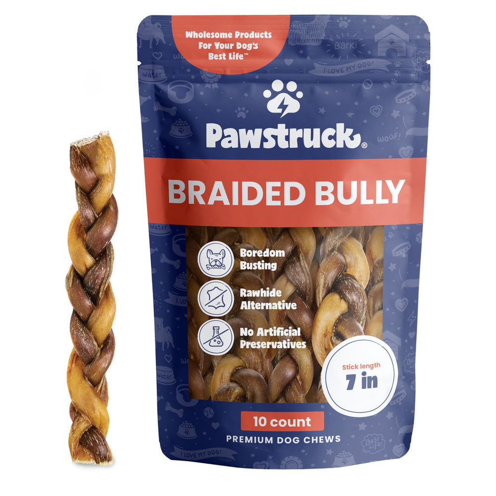 Pawstruck natural 7inch braided bully sticks packaging shows rawhide-free chew option for dogs