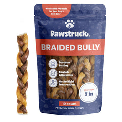 Pawstruck natural 7inch braided bully sticks packaging shows rawhide-free chew option for dogs